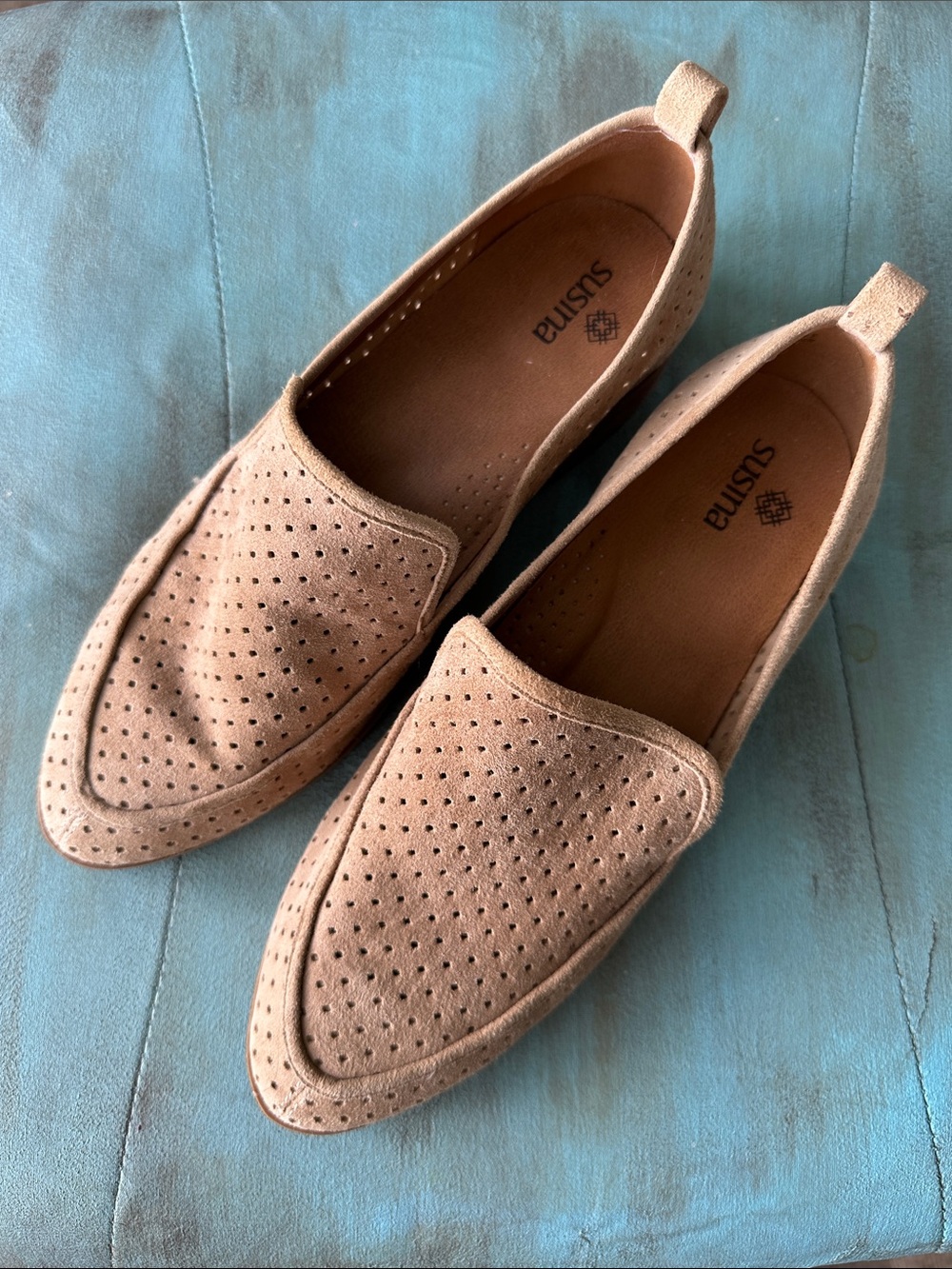 Susina Women's Tan Perforated Suede Slip-On Loafers